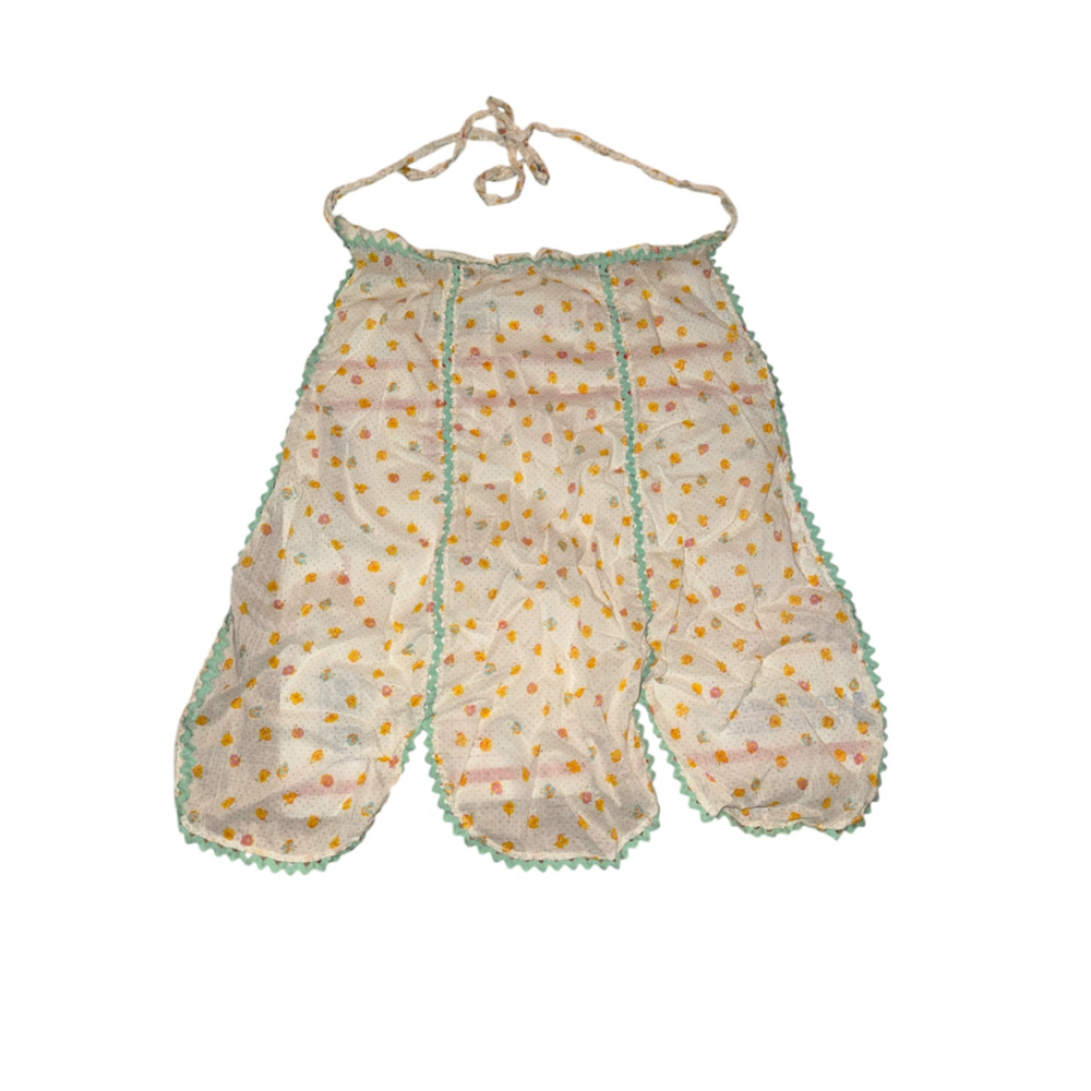 Vintage Sheer Half Apron Kitchen Yellow Green Trim Polka Dots Flowers Retro